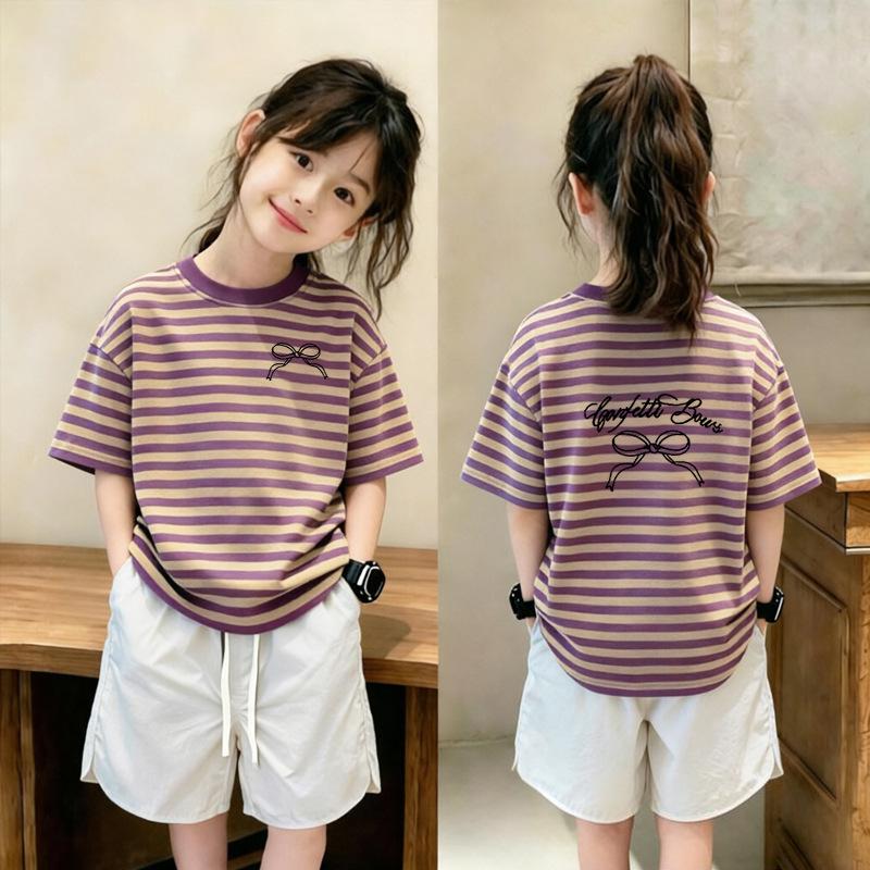 Trendy Striped Short-Sleeve T-Shirt Set for Girls Aged 6-12, Loose Patchwork Summer Top