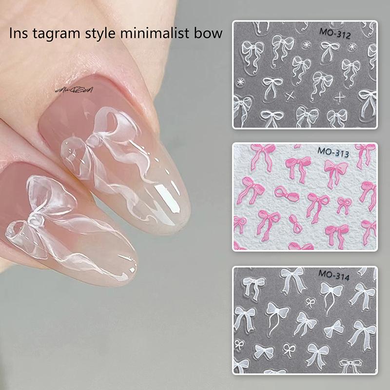 White Ribbon Bowknot 3D Embossed Relief Nail Art Decoration Stickers 1 Sheet Manicure Tool Decals for Creative Nail Design