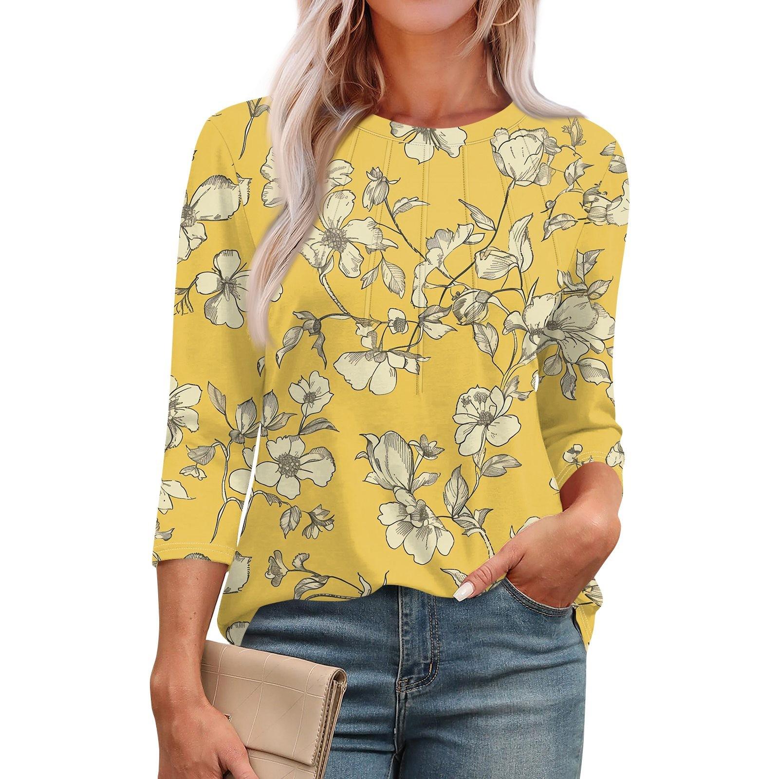 

Женская модная повседневная футболка с круглым вырезом и рукавом семь четвертей в стиле ретро с принтом, плиссированная футболка M жёлтый