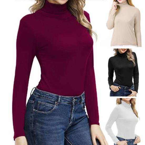 Women Bottoming Tops High Collar Long Sleeve Slim Fit Pullover Tops Solid Color Basic Turtleneck Blouse Daily Wear