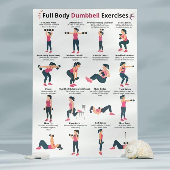 Yousheng 5 Piezas Póster de Entrenamiento con Mancuernas, Tabla de Ejercicios en Casa para Brazo Pierna Cadera Core, Guía de Entrenamiento de Cuerpo Completo Pared