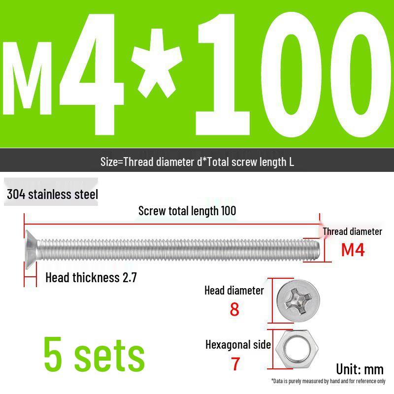 304 Stainless Steel Extra Long Phillips Flat Head Screws and Nuts Set (2M, 3M, 4M)