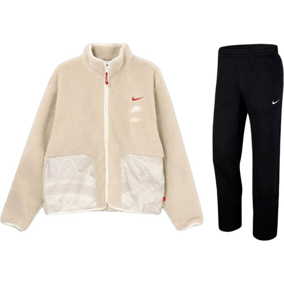 

Nike Zipper Color Block Fleece Jacket Breathable Fleece Versatile Long Pants Casual Sports Suit Men suit FZ6194-126+623455-010 L