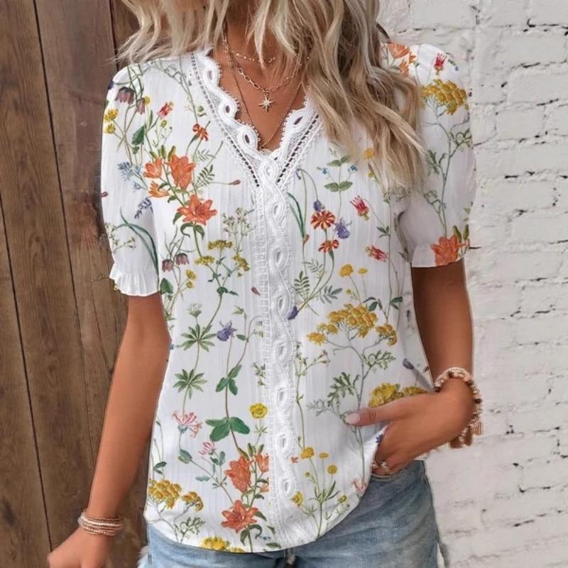 Women's Summer Floral Print V Neck Blouse Lace Trim Ruffle Short Sleeve Casual Boho Vacation Daily Wear Shirt Top