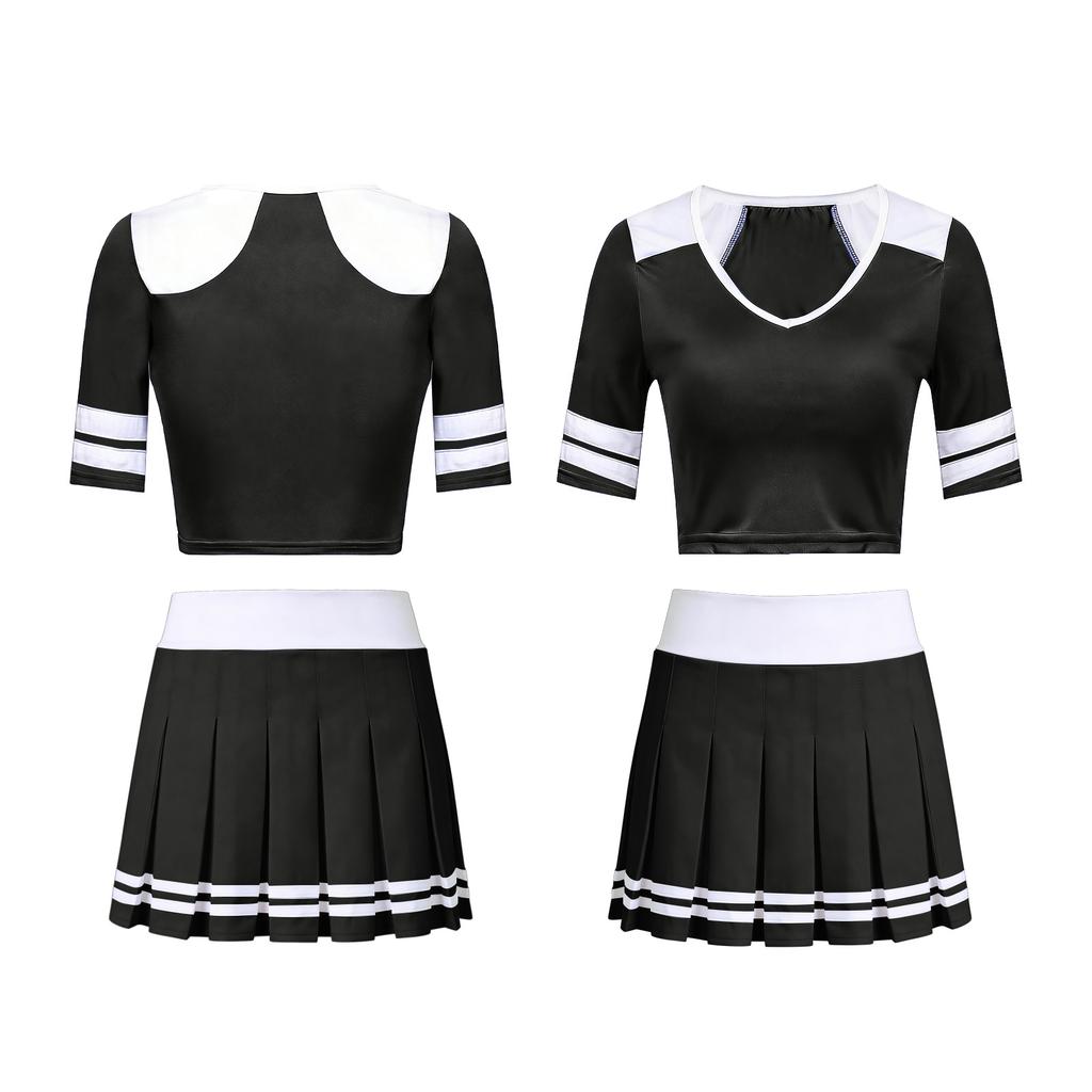 Two Piece Cheerleader Costume Set Women Pleated Skirt and Short Sleeve Crop Top Uniform Outfit for Dance Performance School Events Halloween