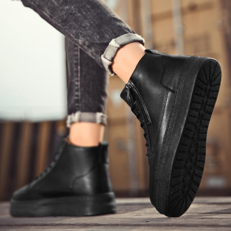 Fashion Leather Boots Man Autumn Biker Boot Explosive Style British Simple Platform Lace-up Zipper Water Proof Hard-wearing Men's Shoes