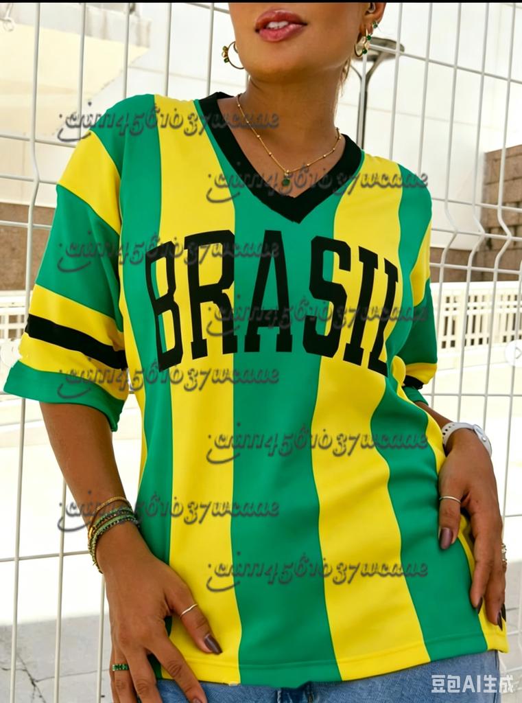 Summer New Vintage Brazil Style Print Women V-Neck T Shirt Patchwork Short Sleeve Sports Tees Football Jersey Y2K New Maternity
