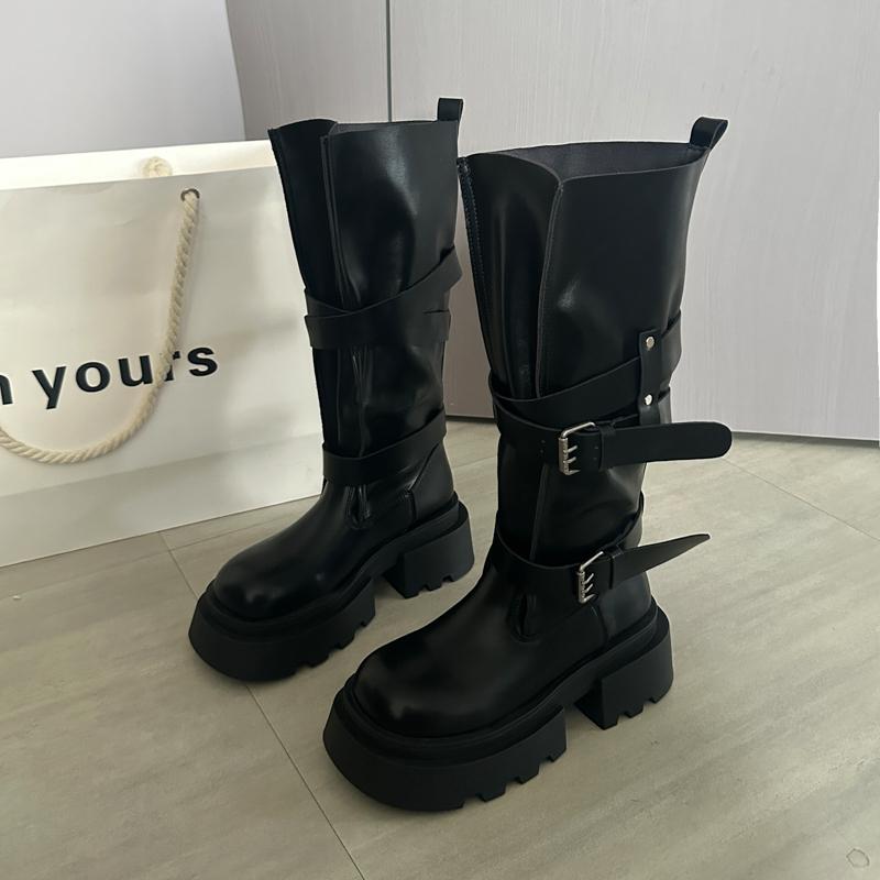 Winter Fashion Platform Woman Knight High Boots Fashion Belt Buckle Thick Sole Shoes Ladies Slip On Modern Long Botas
