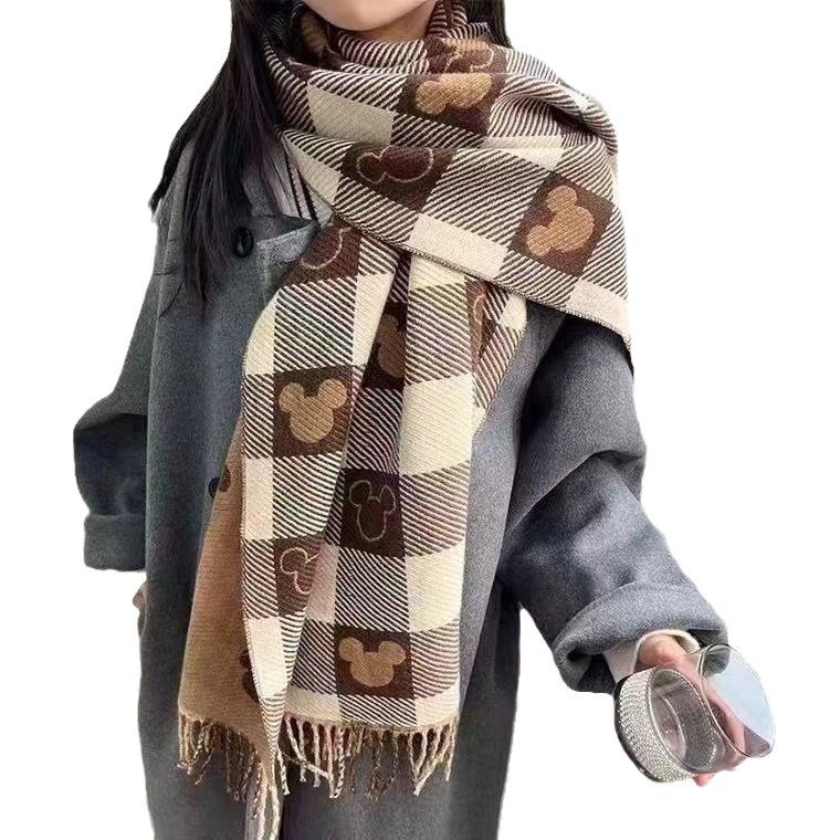 New Bear Hair Plaid Imitation Cashmere Thickened Autumn and Winter Warm Scarf Fashionable and Versatile Double Sided Love Tassel Scarf