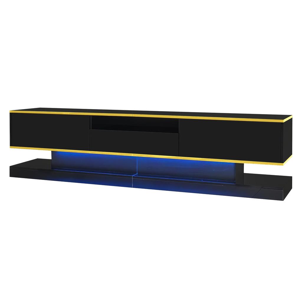 TV Cabinet, with 3 Drawers and Open Compartment, with LED Lighting and Golden Accents, Modern Lowboard with Plenty of Storage Space