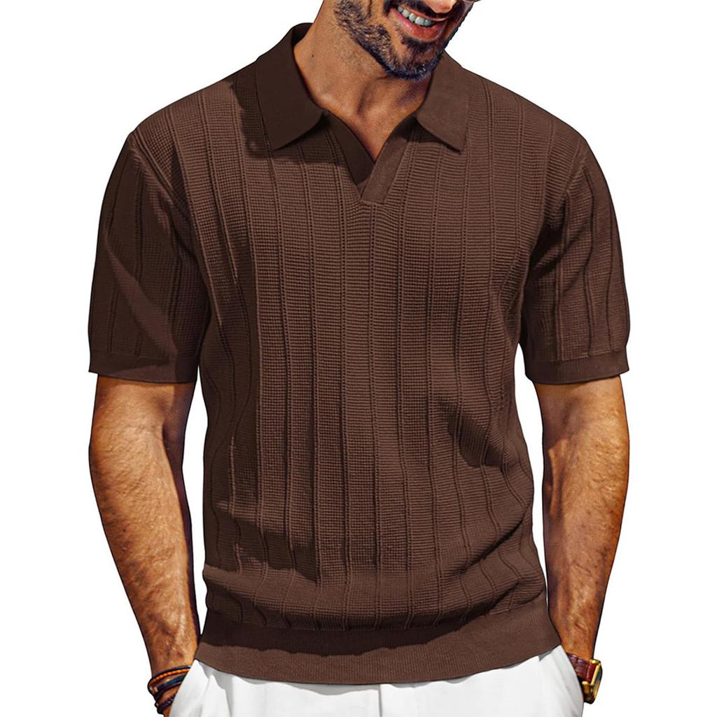 Men’s Short Sleeve Knitted Polo Shirt with Classic Ribbed Texture Casual Lightweight Pullover Top for Everyday Wear