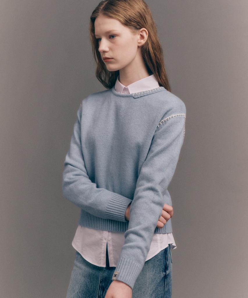 Seteo (W) Contrast Stitch Semi-Crop Knit Ice Blue