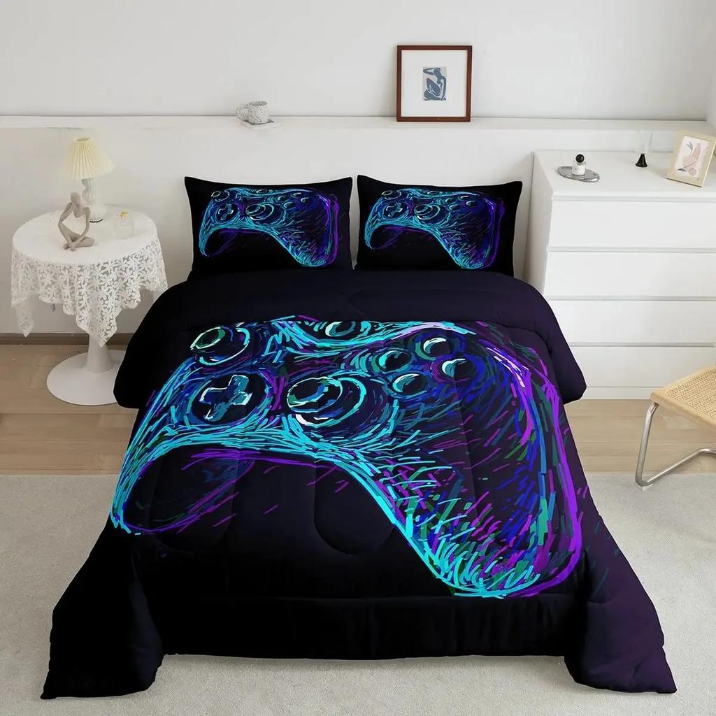Gamer Duvet Cover Set Rotating Music Comforter Cover Gamepad Gaming Bedding Set for Boys Headphone Bedspreads Cover Queen Size
