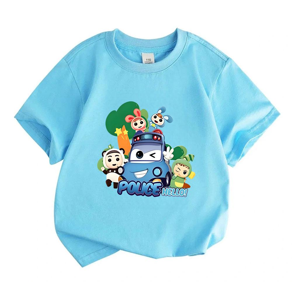 Kids Boys Girls Crew Neck Short Sleeve T Shirt, 100% Cotton Casual Tee with Cute Cartoon Police Car Lovely Characters Print for Children Daily Wear