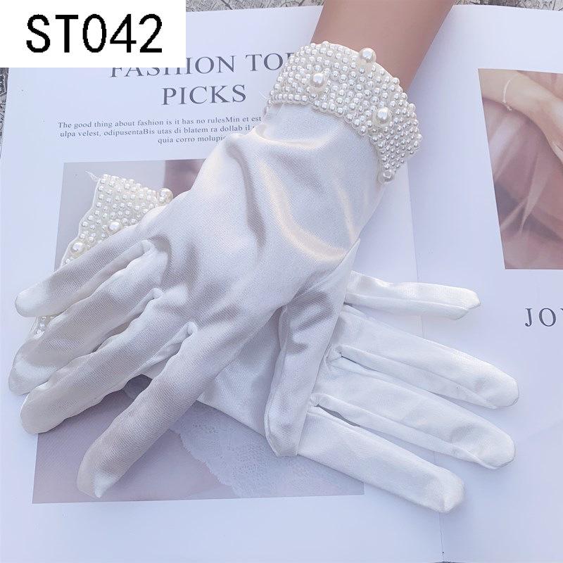 Lace Pearl Satin Bridal Gloves - Short Wedding Photo Accessory