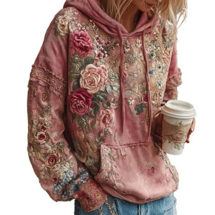 Vintage Floral Hoodie Women's Oversized Sweatshirt Bohemian Casual Pullover with Pocket Long Sleeve Floral Print Tops