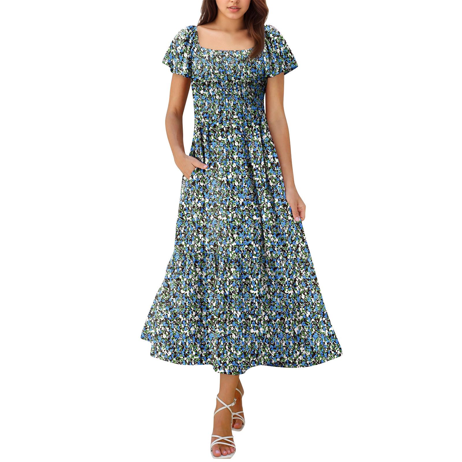 

Женское модное повседневное платье макси с квадратным вырезом, рукавами-колокольчиками, оборками и карманами L тёмно-синий