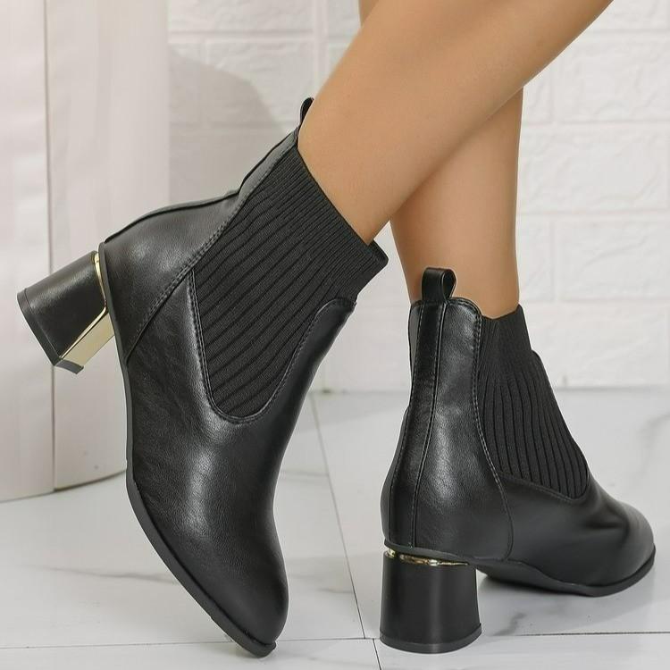 Female Ankle Boots Black Leather Footwear Short Shoes for Women Elegant with Medium Heels Sock Booties Spring Autumn Waterproof
