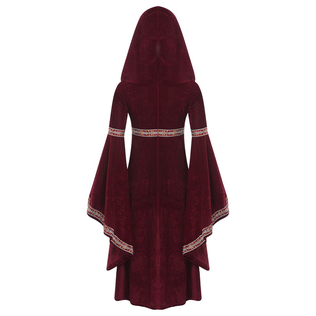 Kids Girls Halloween Princess Robe: Complete Medieval Cosplay Outfit with Hood, Trumpet Sleeves & Detailed Embroidery