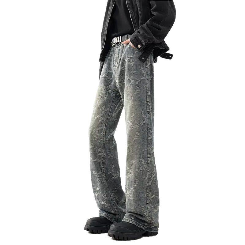 Retro Blue Jacquard Jeans Men's Spring and Autumn New Design Pants American High Street Vibe Straight Pants