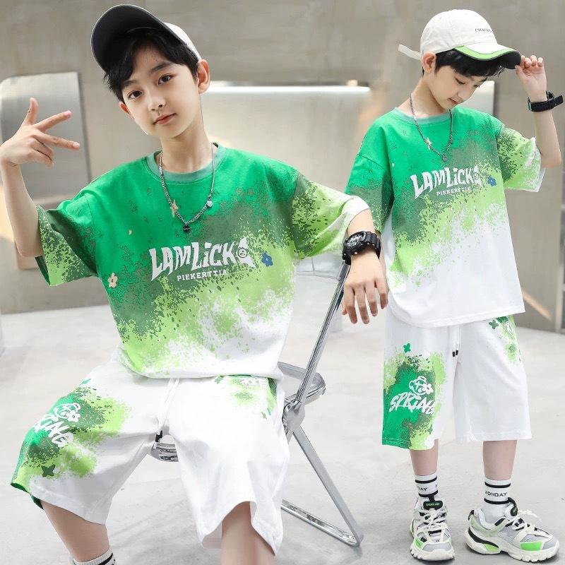 Summer Boys' Loose Casual Sets Teen Gradient T-shirts+Shorts 2Pcs Big Kids Sport Short Sleeve Clothes Suits Children Print Outfit