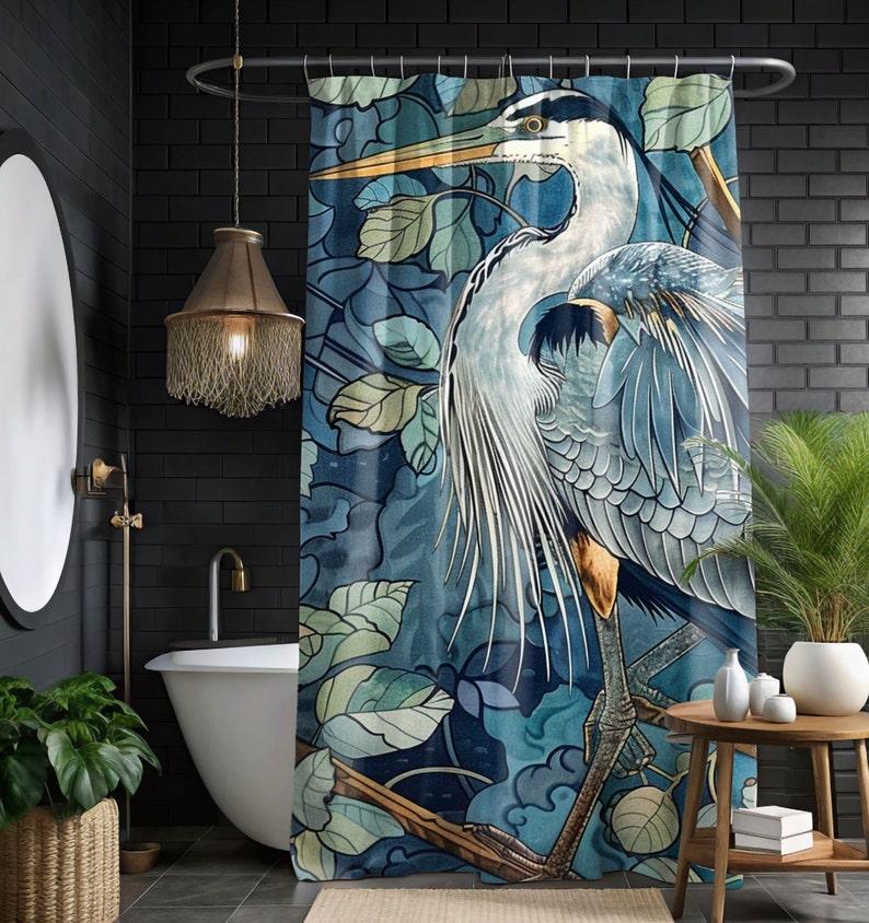

Blue Heron William Morris Style Shower Curtain - Coastal Bathroom Decor & Bath Accessories W60H190(CM)-1 Pcs