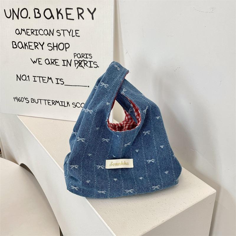 Cute New Denim Hand Bag Portable Storage Go Out Wrist Bag Contrasting Color Red Grid Portable Small Bag