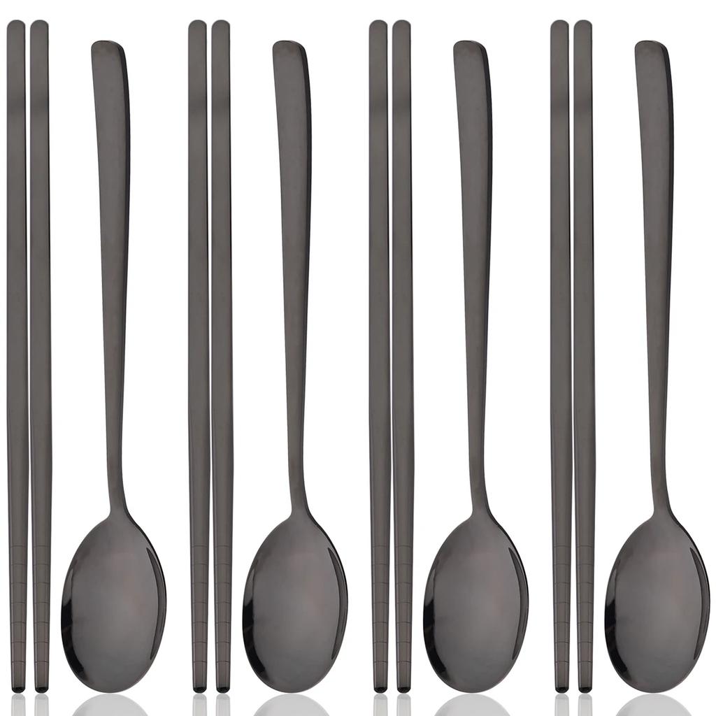 8pcs Gold Stainless Steel Cutlery Set Western Mirror Flatware Set Korean Style Spoon Chopsticks Dinnerware Set Kitchen Tableware
