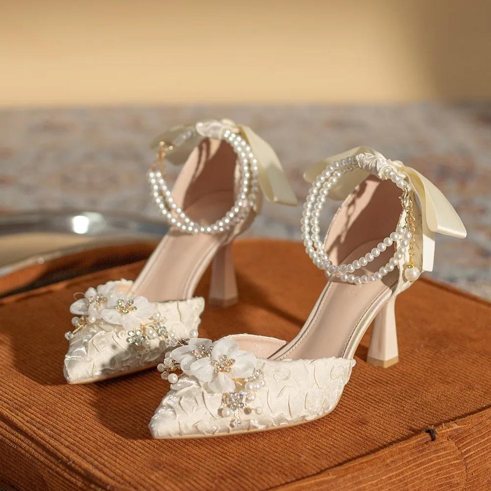 Spring and Autumn New Butterfly Bow Hollow High Heels Style Pearl Chain Pointed Princess Shoes Versatile Single Shoes for Women