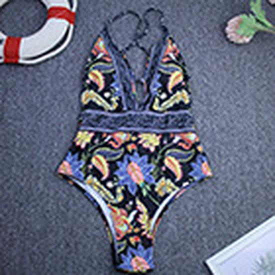 Floral Halterneck Backless Lace-up One-Piece Swimsuit for Women