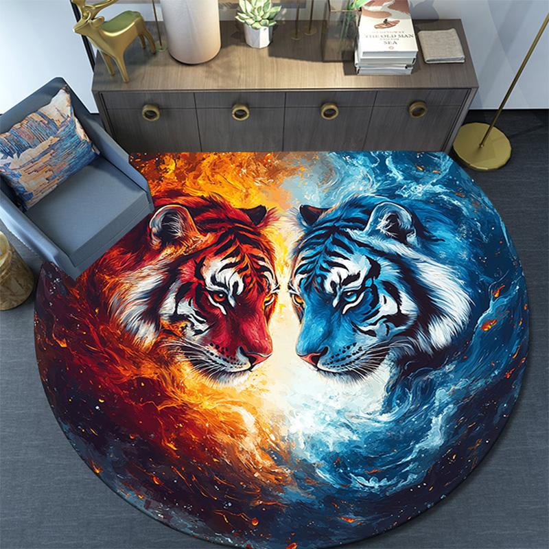 Yin Yang Tigers Round Area Rug,Carpet Rug for Living Room Bedroom Sofa Playroom Decor,Non-slip Floor Mat