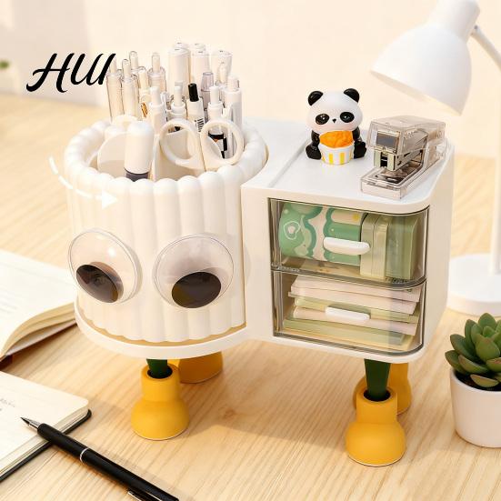 Children Stationery Organizer Cute Rotating Pen Holder with Drawer 2-in-1 Large Capacity Desktop Sorter for Kids Girls Multifunctional Storage