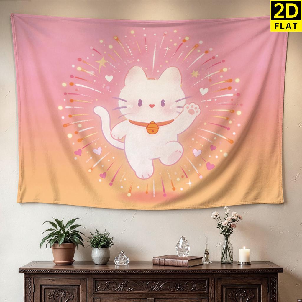 Cute Kawaii Cat Tapestry Wall Hanging Polyester Print Boho Aesthetic Decor Banner Pink Sunset Gradient Living Room Nursery Room