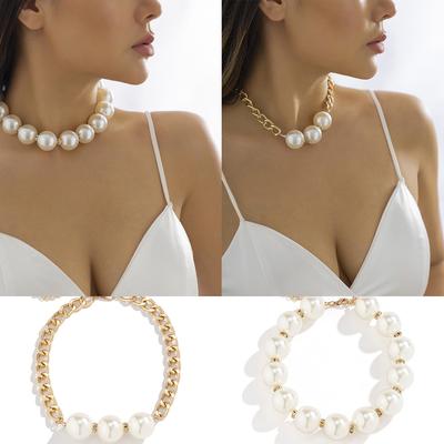 Temperament Beaded Round Bead Metal Necklace, Creative Imitation Pearl Rhinestone Splicing Necklace for Women