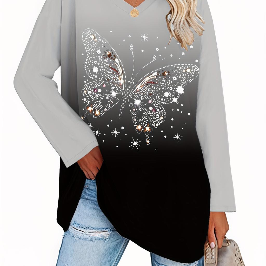 2025 Fashion Women's Basic V-Neck Long Sleeve,Butterfly Printed Polyester Relaxed Fit Tees Shirt,Spring Fall Casual Comfort Tops