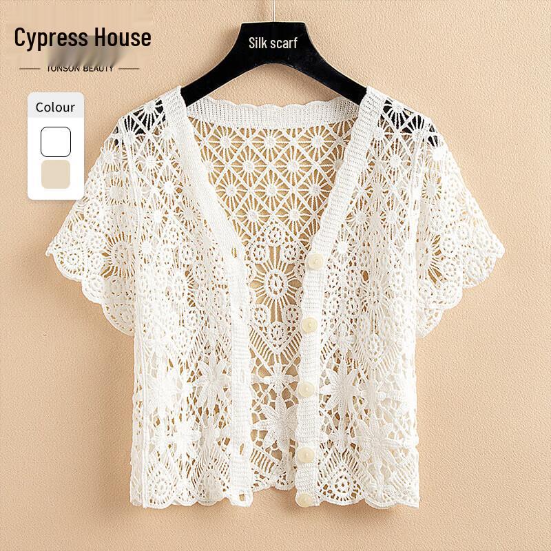 Women s Lace Trim Hollow Knit V-Neck Cardigan One Size
