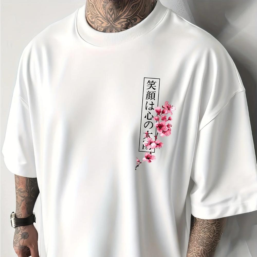 Japanischer Kirschblüten-Print Baumwolle Herren Damen T-Shirt Sommer Herbst Täglich Outdoor Sport Lässig Locker Straße Kurzarm