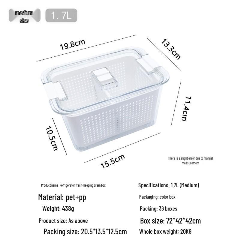 Transparente doppelschichtige Kühlschrank-Aufbewahrungsbox für Obst und Gemüse – großes Fassungsvermögen, atmungsaktiv, mit Trennwand und Abfluss.