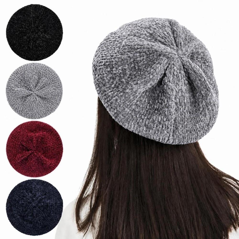 Foldable Warm Winter Hat Knitted Plain Beret Cap Comfortable Casual Beret For Women Ladies