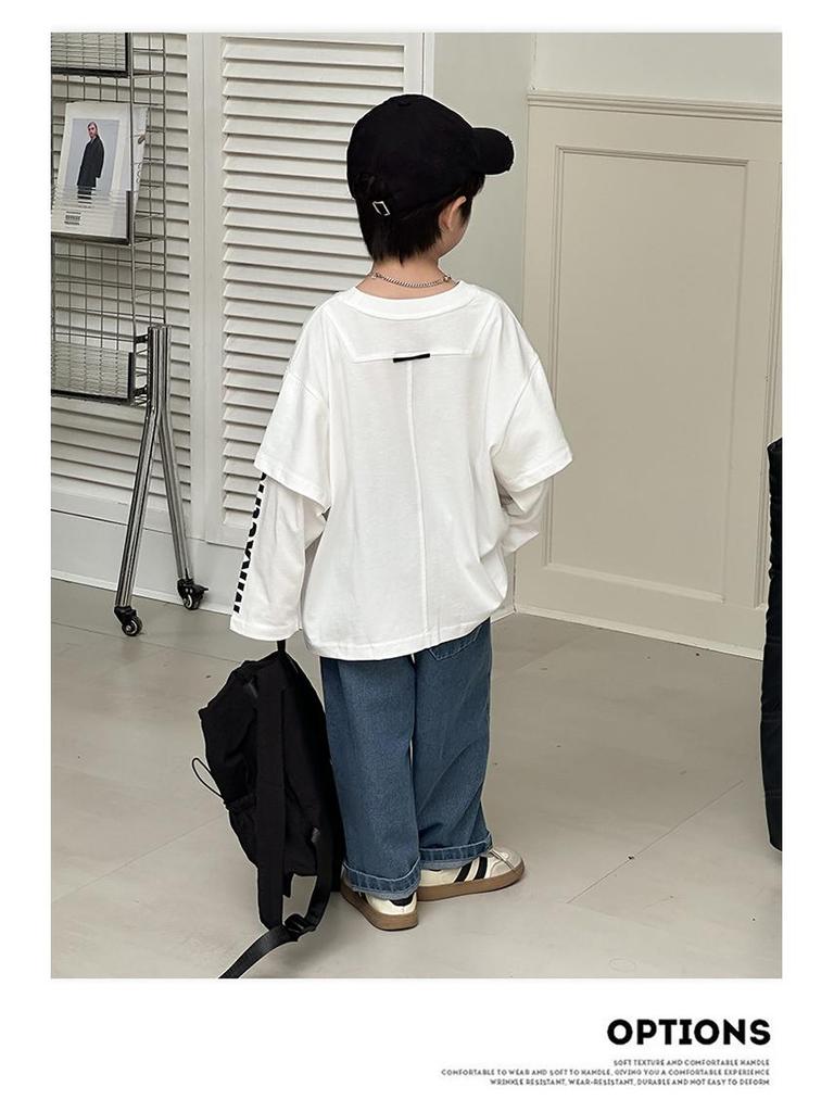 Boys' Trendy Hip-Hop Sweatshirt 2025: Autumn Style, Long-Sleeve Fake Two-Piece for Small and Medium Kids