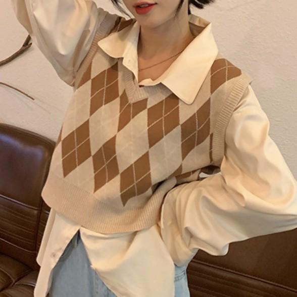 Women's 2023 Argyle V-Neck Layered Knit Vest for Spring & Autumn