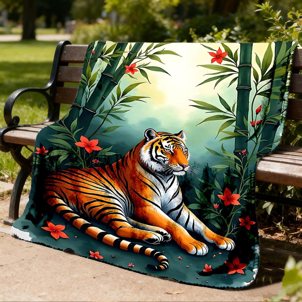 1pc Tiger Bamboo Flowers Throw Blanket Polyester Fiber, Lightweight Flannel, Soft & Warm, All Season Use for Outdoor, Camping Digital Print