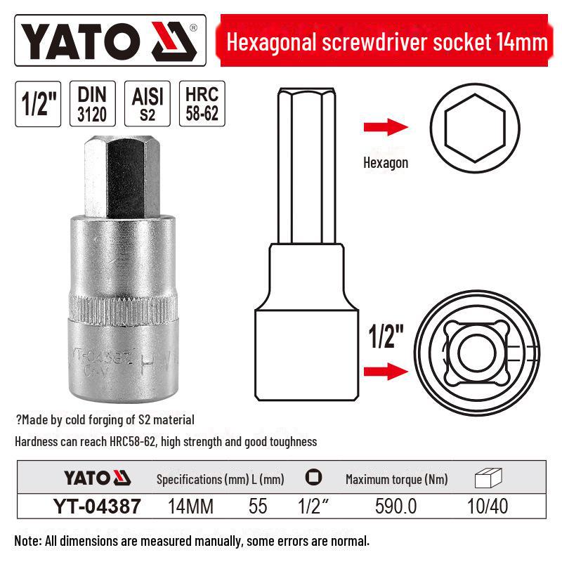 YATO 1/2" Hex Screwdriver Socket Set, S2 Batch Head, Chrome Vanadium Steel