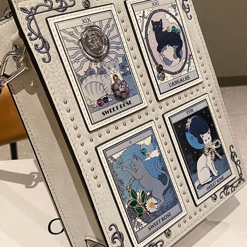 Tarot Card Cat Print Tote Bag With Rivet Trim Chic Top-handle Crossbodybag Women Gothic Square Handbag Stylish Daily Shoulderbag