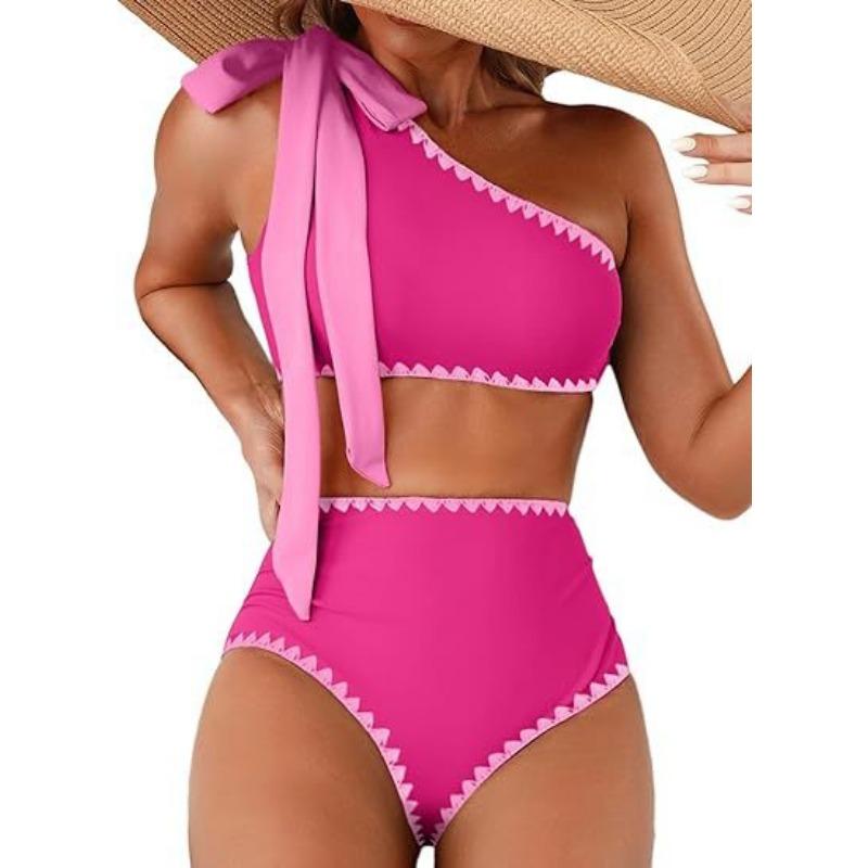 Sexy One Shoulder Two Piece High Waist Bow Tie Bikini Swimwear For Women