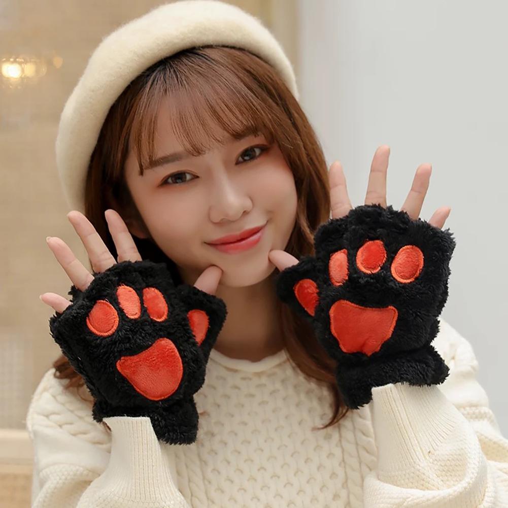 Cute Plush Cat Paw Gloves Thickened Fleece Warm Winterproof Half-finger Gloves Comfortable Soft Fabric Gloves for Adults Children