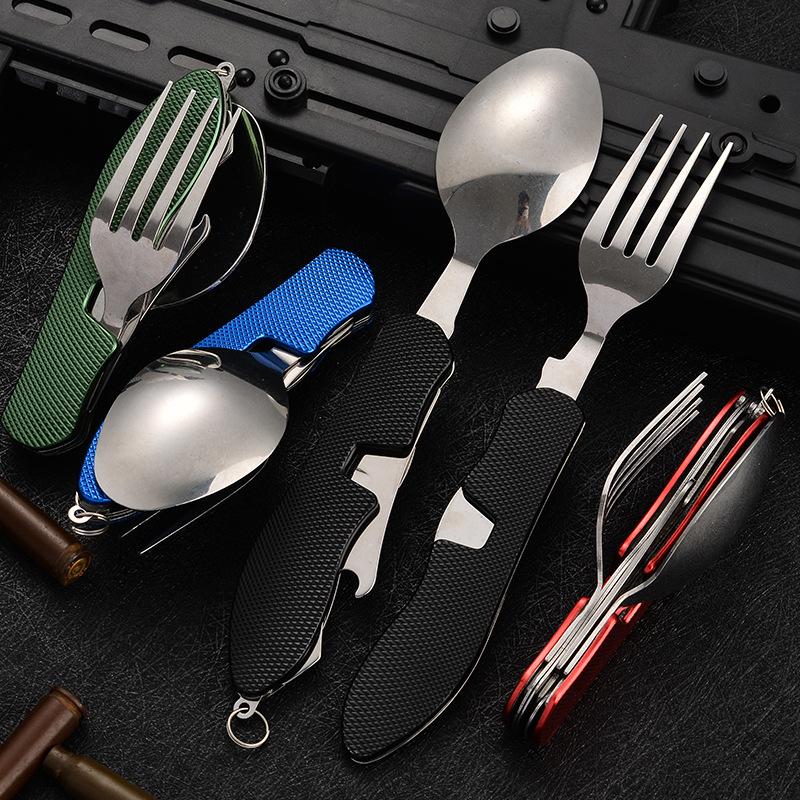 4-in-1 Stainless Steel Spoon Knife Fork Bottle Opener Foldable Pocket Kit Outdoor Cutlery Set Foldable Portable Compact