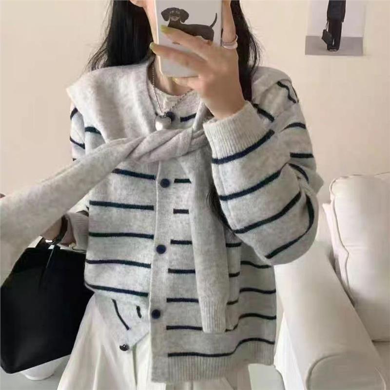 2025 Autumn Women's Korean Style Striped Jacket & Long Sleeve Sweater Two-Piece Set