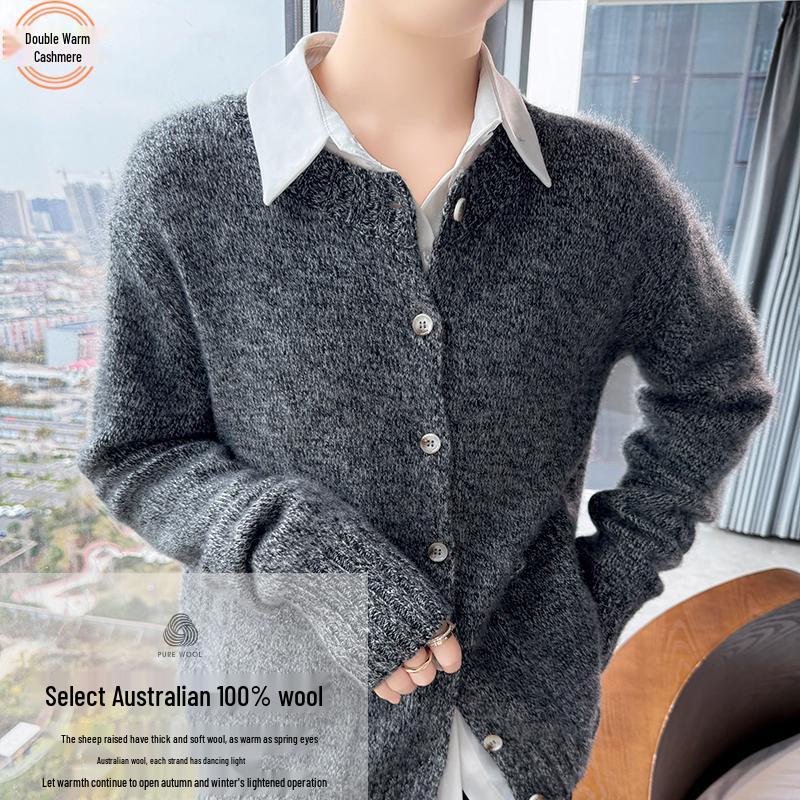 

Women s Vintage Long Sleeve Round Neck Flecked 100% Pure Wool Cardigan Sweater XL