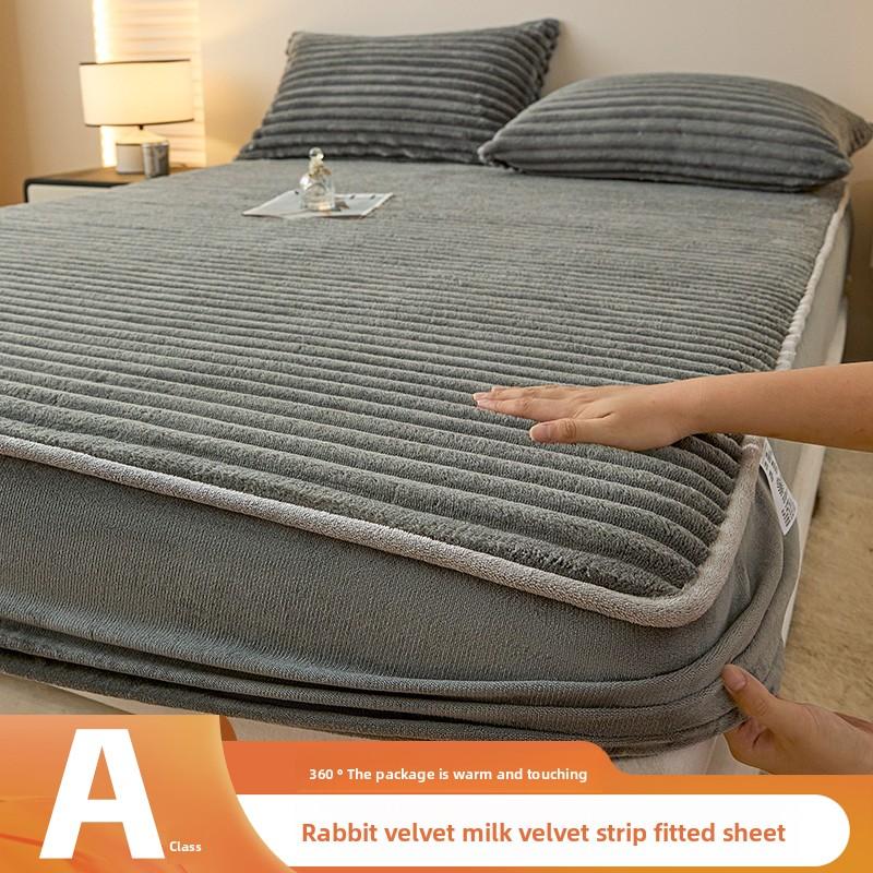 

Imitation Rabbit Plush Winter Fitted Bed Sheet Set with 2 Pillowcase Deep Pocket Thickened Warm Velvet Mattress Protector Cover 0.9x2.0m 1pcs sheet темно-серого